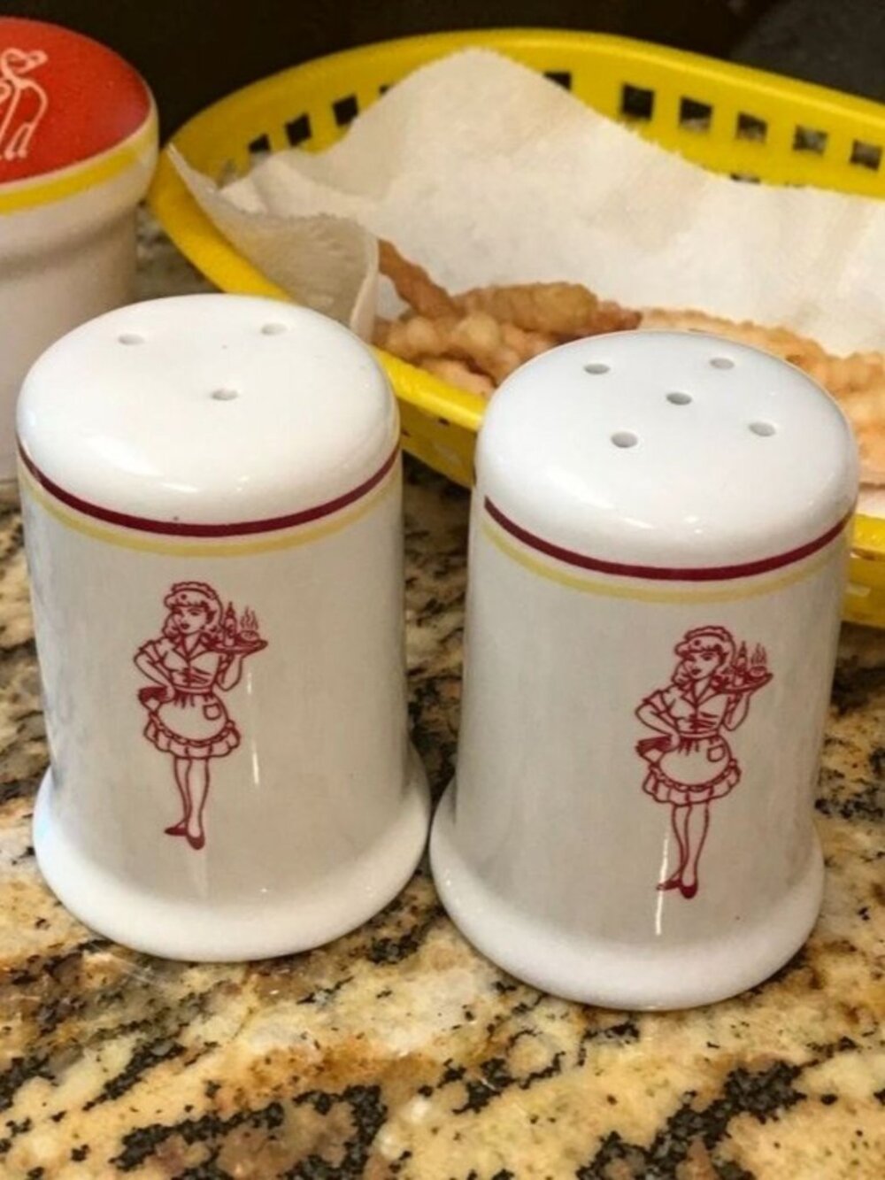 Vintage Ceramic Salt & Pepper Shakers Retro White Red Yellow Classic Diner Style